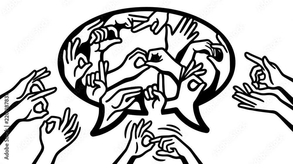 Obraz premium Hands making sign language gestures inside speech bubble vector
