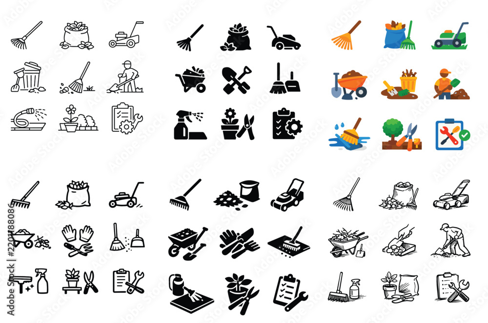 Obraz premium Gardening and landscaping design icons with rake, lawn mower and garden tools for print material in outline style