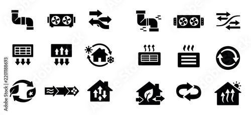 Air recuperation and ventilation icon set with ventilation unit airflow channels and exhaust vents for presentation design in solid style