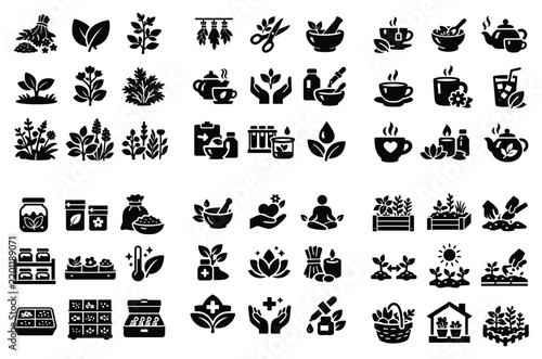 Gardening and herbal medicine concept icons with herbs, mortar and pestle and tea for print design in solid style