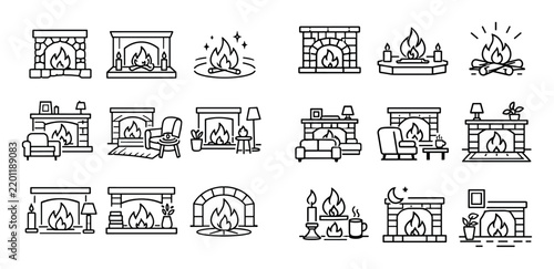 Fireplace interior and home comfort icon set with living room hearth area soft light for mobile app design in line art style
