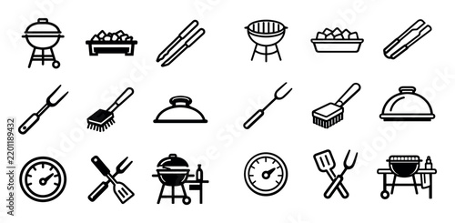 Barbecue and cooking tools icon set with grill brush tongs and temperature gauge for user interface in minimalist vector art