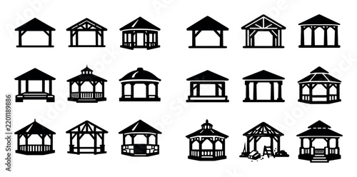 Architectural gazebo and built form icon set with open sides, symmetrical form and design detail for print design in doodle style