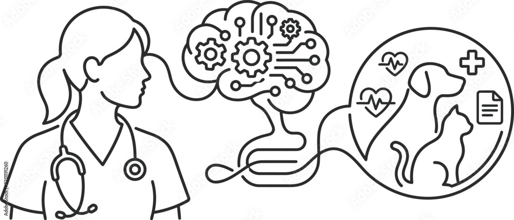 Fototapeta premium Line art illustration of a veterinarian analyzing animal health with artificial intelligence.