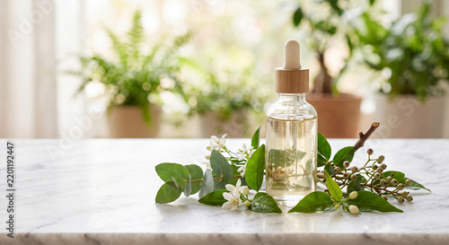 Skincare serum bottle with natural botanical leaves.