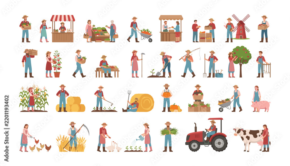 Naklejka premium Large set of cartoon farmers characters harvesting crops driving tractor milking cow and selling at local market