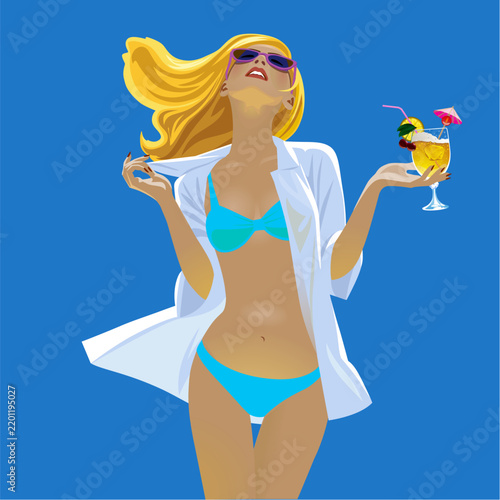 A sexy girl in a swimsuit in the sunlight on a blue background. Vector illustration.