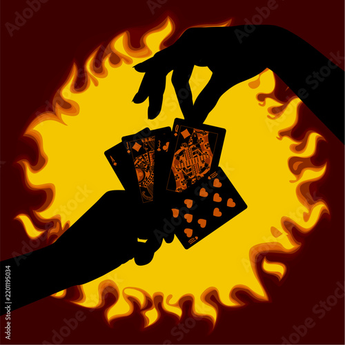 Black silhouette of female hands with playing cards in round flame frame. Vector illustration.