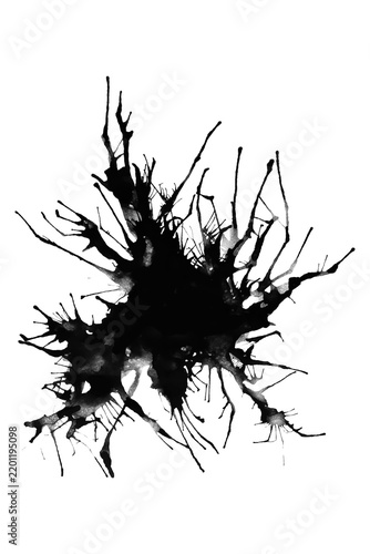Abstract dirty black ink splash strokes, ink drops spray create with grunge texture on white background.