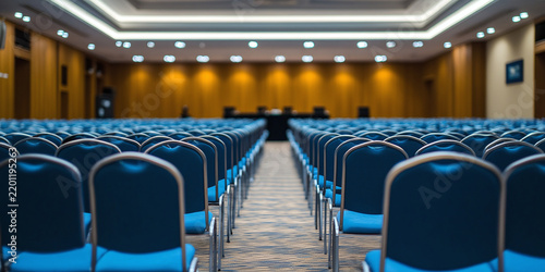 Empty conference hall with blue chairs rear view showcasing rows of empty seats in a modern auditorium setting ready for business meetings events presentations seminars or corporate gatherings interio