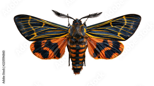 Foto Orange and black patterned moth with spread wings and feathery antennae
