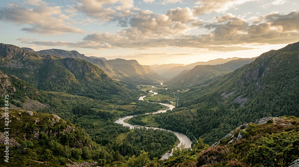 Obraz premium Majestic mountain valley landscape with a winding river at sunset for travel promotion editorial background or high quality nature