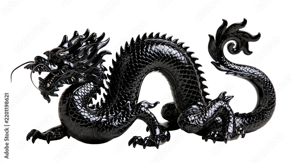 Fototapeta premium Glossy black ceramic Chinese dragon figurine with intricate scales and sharp claws