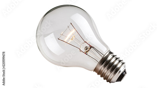 Clear glass incandescent light bulb with glowing tungsten filament