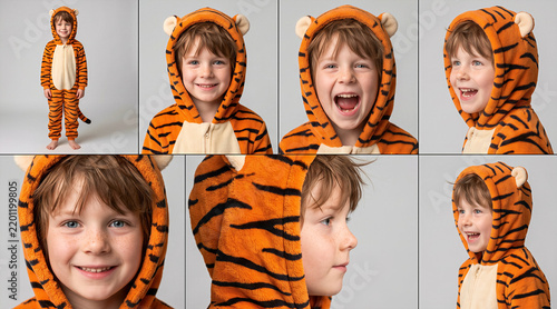 Collage of young boy wearing tiger costume in various poses and expressions, cheerful childhood moments, playful mood. Childhood, parenting, costume, fun.