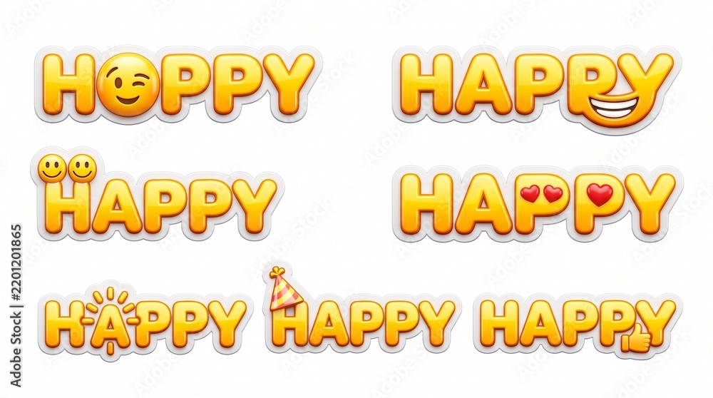 Fototapeta premium Vibrant yellow 3D glossy HAPPY text stickers featuring emoji faces and party symbols, ideal for celebratory social media graphics.