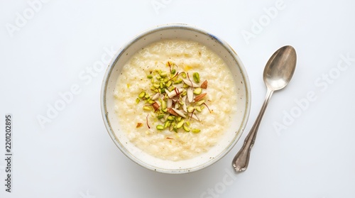 Traditional Creamy Rice Pudding with Pistachios in Bowl