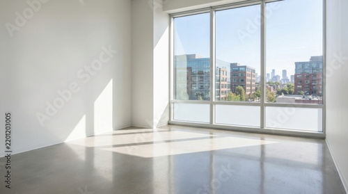 Empty modern office space with large windows and city view.