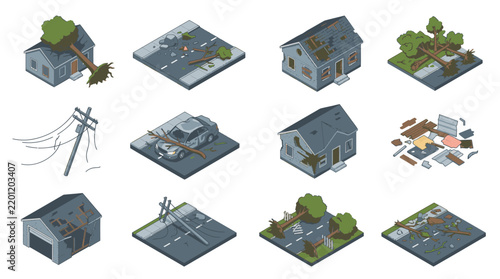 Professional Isometric Illustrations of Storm Damage to Homes Cars and Infrastructure with Fallen Trees and Debris