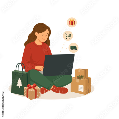 Woman shopping online for Christmas gifts on laptop with shopping bag, present and delivery packages. Holiday e-commerce and online gift shopping concept.