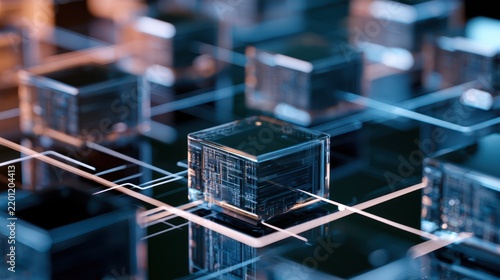 An abstract network of interconnected transparent cubes, illuminated with glowing blue lines, suggesting a digital or technological system