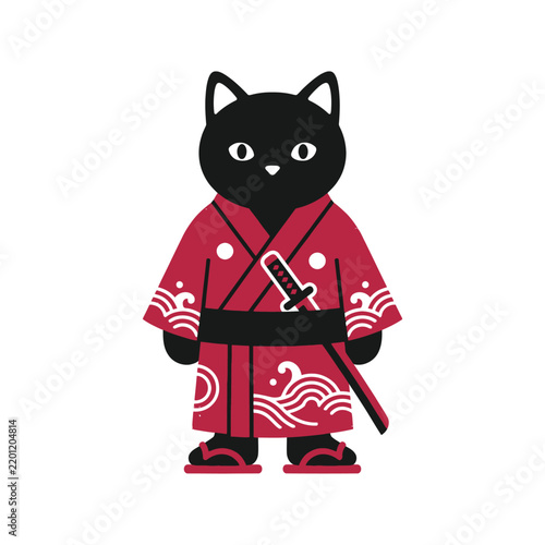 Playful Cat in Red Kimono with Sword.
