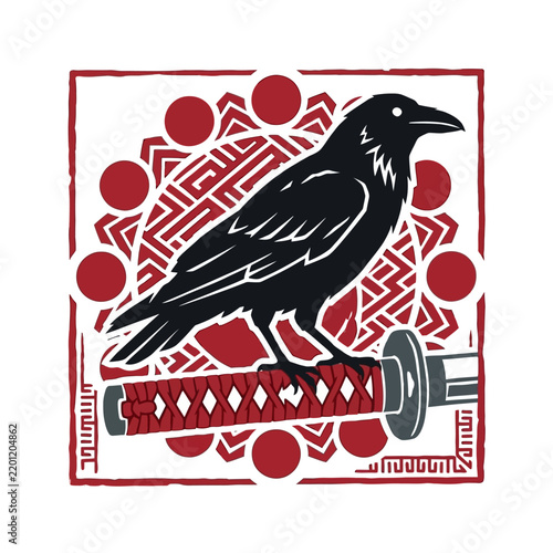 Stylized raven perched on ceremonial sword emblem.