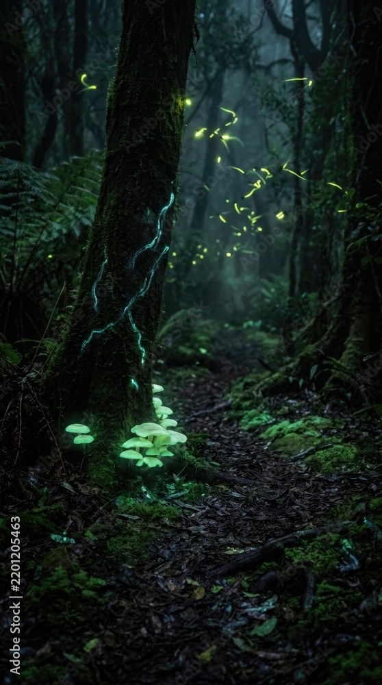 Fototapeta premium Bioluminescent woodland magic: glowing mushroom, enchanted forest, mystical path, firefly swarm, ethereal energy, mossy trunk, dark wilderness, night fantasy, secret grove.