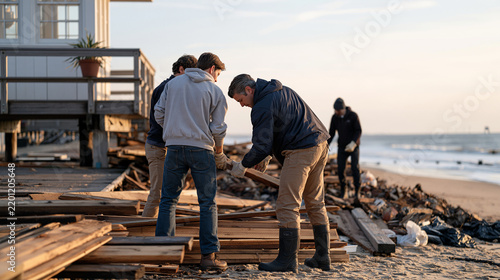 Teenagers salvaging usable timber from a dismantled beach boardwalk during a coastal cleanup, a potted plant sitting on a nearby lifeguard post windowsill, before and after piles