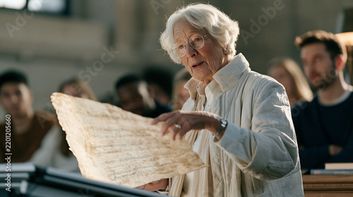 An elderly woman professor with wire-rimmed spectacles reads from original archival manuscripts on a document camera during a medieval history paleography lecture to absorbed
