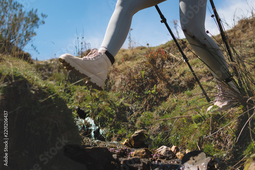 Картината върху платно Hiker crossing a stream using trekking poles in the mountains, enjoying an activ