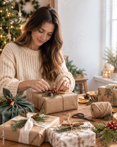 Woman Wrapping Christmas Gifts with Natural Greenery