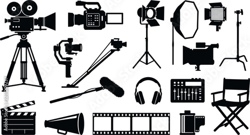 Film Production and Movie Making Equipment Icons Cinema Camera on Tripod Gimbal Stabilizer Camera Crane Jib Studio Lighting Softbox Boom Microphone Audio Mixer Clapperboard