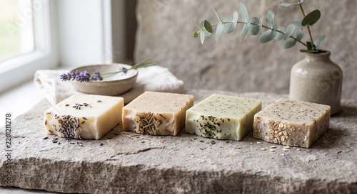 handmade soap bars with natural botanical ingredients on a clean stone surface,