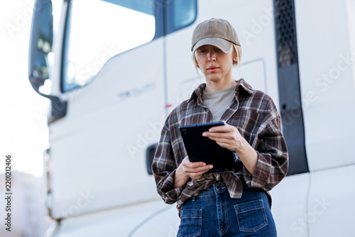 The woman wears a plaid shirt and baseball cap while checking logistics or delivery schedules on her mobile device during a stop at the depot