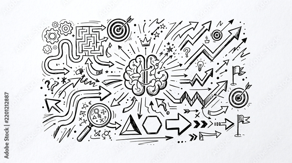 Obraz premium Hand drawn brain diagram with strategic arrows and target symbols.
