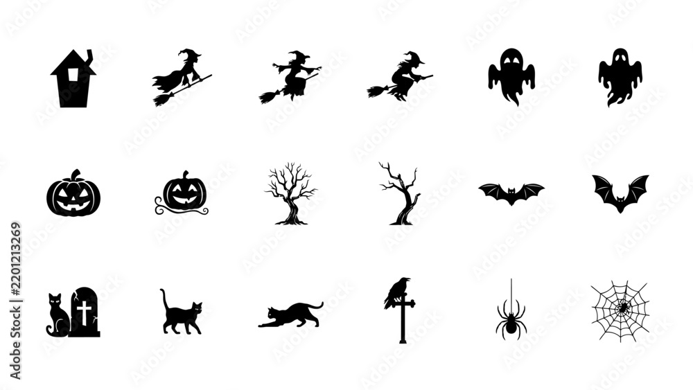 Fototapeta premium Set of Halloween vector icons silhouettes featuring witches, ghosts, pumpkins, bats, black cats, and spiders