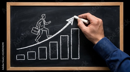 Businessman walking up a growing bar chart drawn with white chalk on a black chalkboard, representing business growth, success, and career advancement