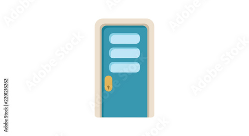 Blue door with three glass panels and golden knob flat vector illustration
