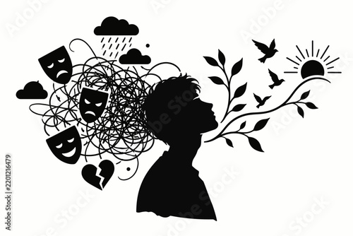 Silhouette of person with tangled chaos masks rain and broken heart transforming into leaves birds and rising sun vector illustration on white background