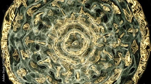 Cymatics wave patterns created by sound frequencies in liquid, forming complex symmetrical golden structures and concentric ripples on a dark background.
