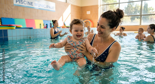 Swimming lessons, a mother in a swimsuit with his happy baby are playing in the swimming pool