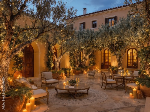 Mediterranean Christmas Courtyard with Warm Lights and Gold Decorations