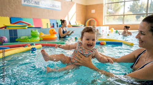 A swimming pool full of colorfull toys, a happy wirgling baby in a pool is playing with his mother