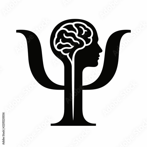 Psychology psi symbol with human head silhouette and brain vector illustration on white background