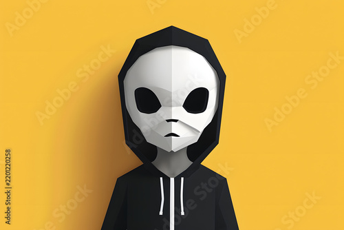 Modern 3D low poly character wearing a black hoodie and anonymous skull mask
