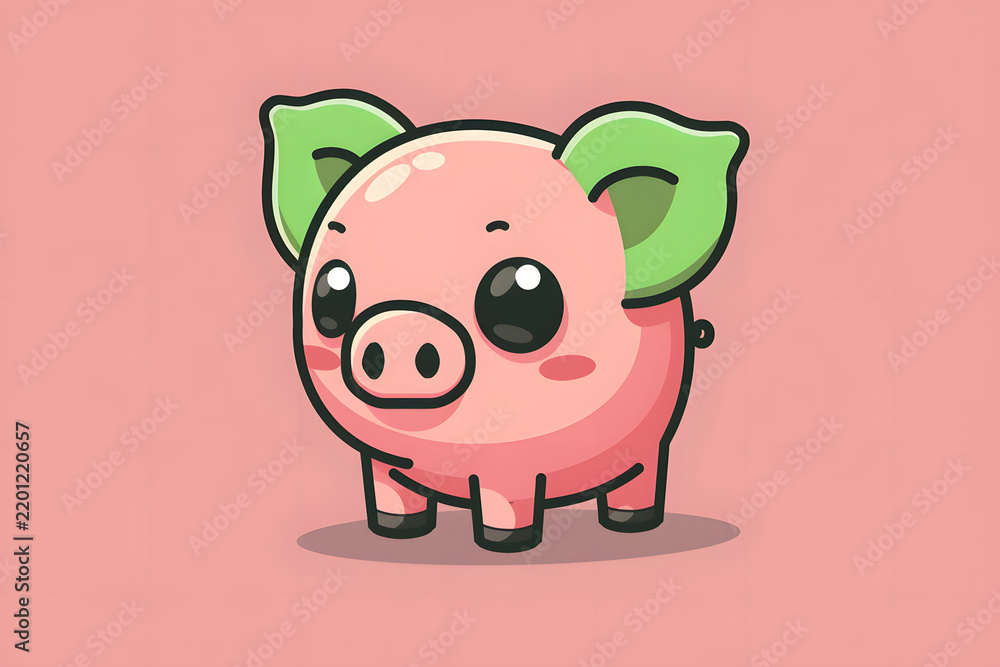 Fototapeta premium Adorable pink pig illustration with green leaf ears and big shiny eyes in kawaii style