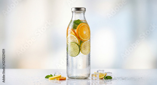 Premium unbranded glass beverage bottle with fresh citrus slices and water droplets