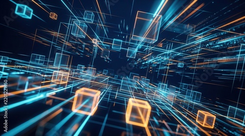 Geometric shape digital matrix with squares and lines in a 3D rendering technology background.