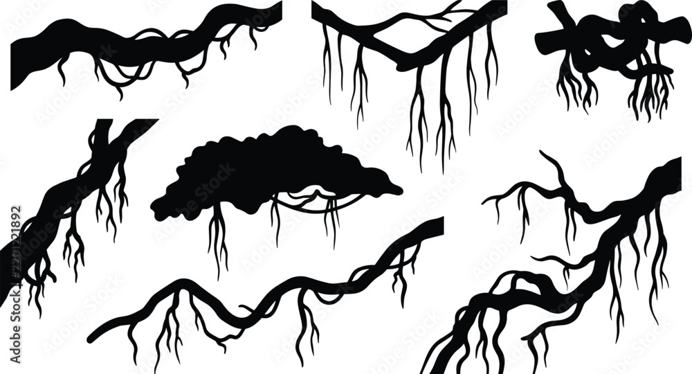 Fototapeta premium Black Tropical Tree Branch Silhouette Collection with Hanging Aerial Roots and Organic Jungle Shapes on White Background